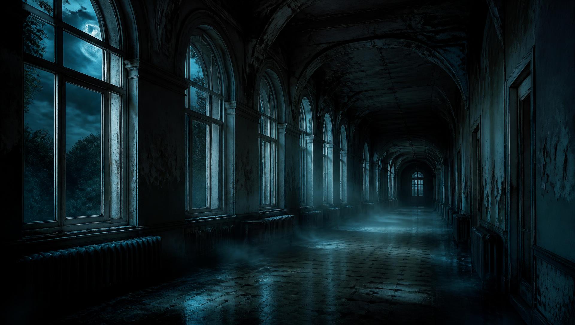 A moonlit corridor inside an abandoned Victorian building